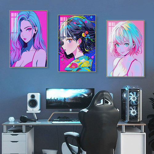 赛博朋克电竞房装饰画网咖酒吧霓虹灯二次元动漫挂画性感女孩壁画