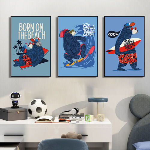 卡通动漫装饰画蓝色冲浪的小熊卧室潮流挂画客厅沙发背景墙面壁画