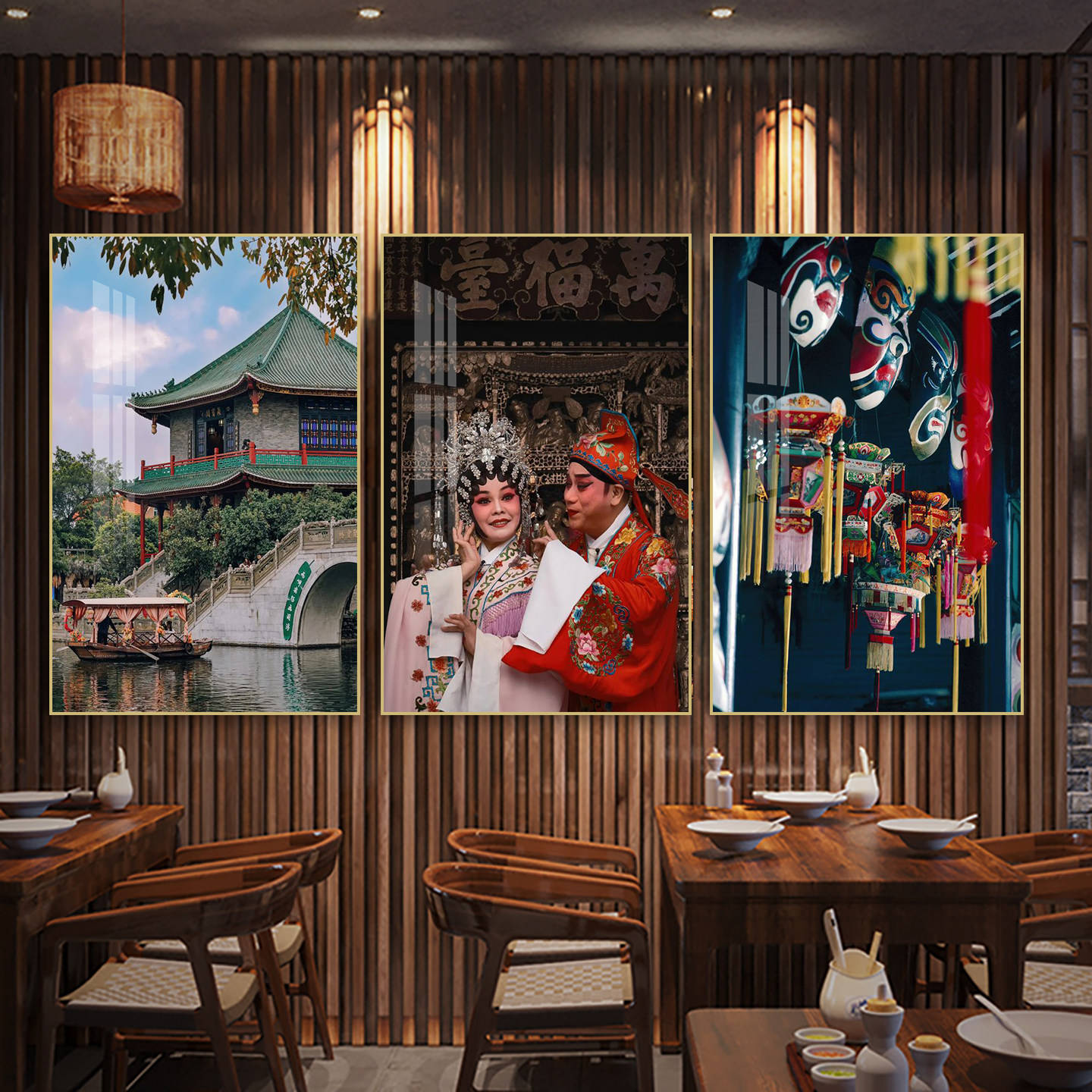 岭南粤剧装饰画广州荔湾湖建筑脸谱国潮挂画中式酒楼茶室餐厅壁画