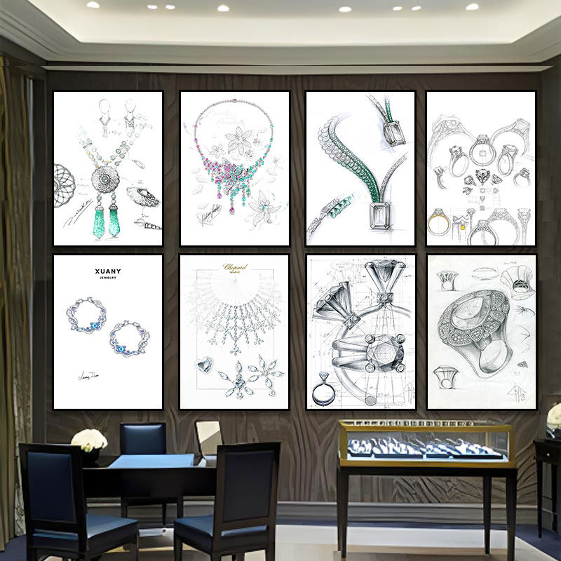 珠宝首饰店装饰画寄卖行手稿图壁画奢侈品专柜店钻戒翡翠玉器挂画