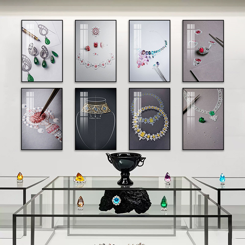 珠宝店彩宝图装饰画手绘工作室设计图挂画翡翠玉器首饰店宣传壁画