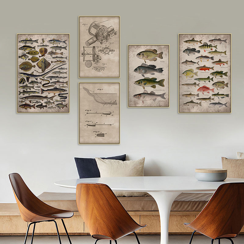 鱼类标本挂画渔具店钓鱼俱乐部鱼竿路亚鱼饵壁画海鲜鱼类餐厅壁画