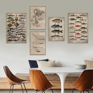 复古鱼类标本装饰画渔具店办公室鱼竿分解图挂画海鲜水产餐厅壁画
