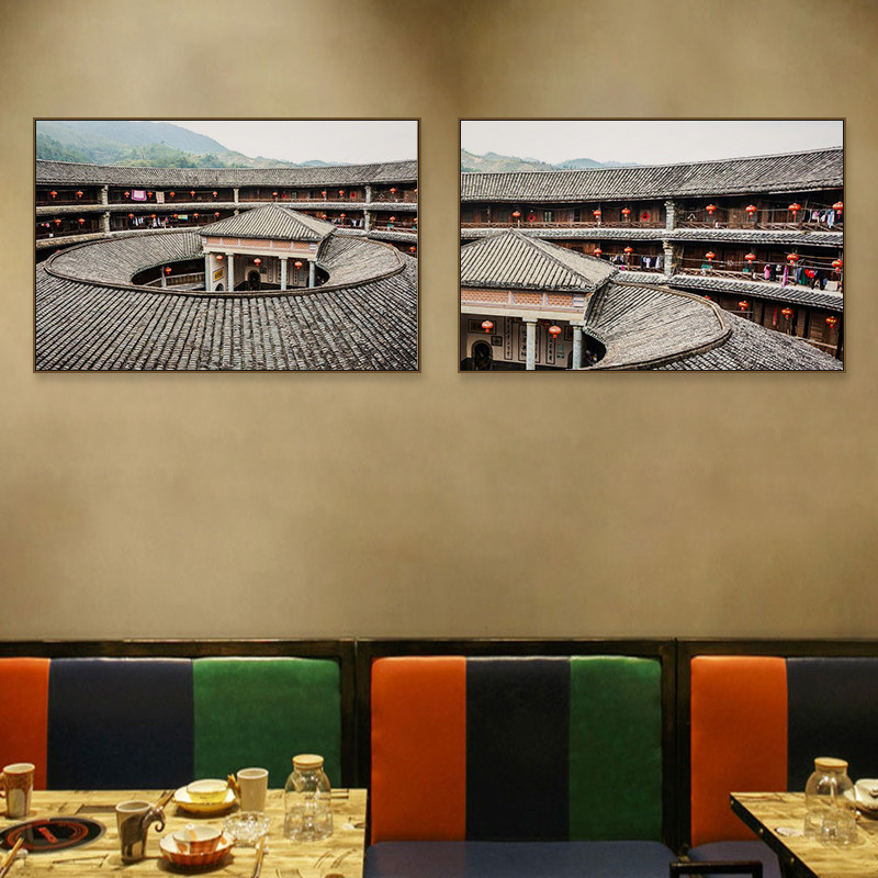 客家特色建筑装饰画农家乐美食挂画梅州饭店民宿屋檐围龙屋壁画