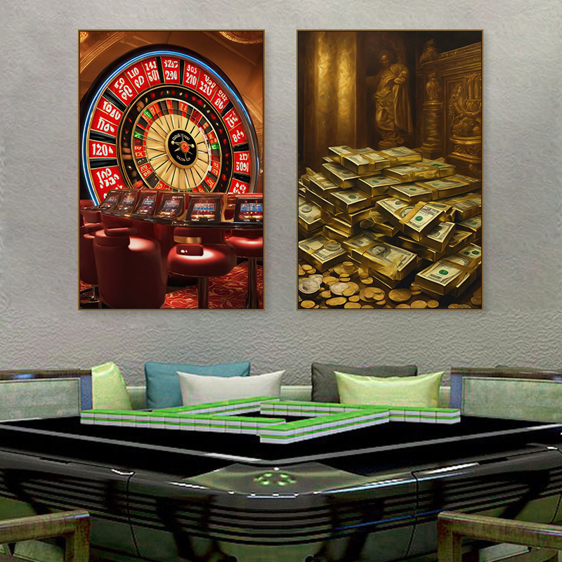 棋牌室装饰画德州扑克赌场主题装饰画卡通扑克牌赌场女郎美金壁画