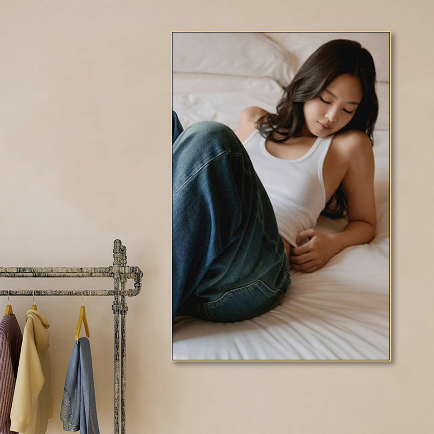 服装店男女模特挂画牛仔服装店挂画广告牛仔裤专卖店直播间背景画