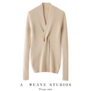 秋冬修身显瘦扭转V领100%纯山羊绒衫前交叉扭花毛衣针织打底衫女