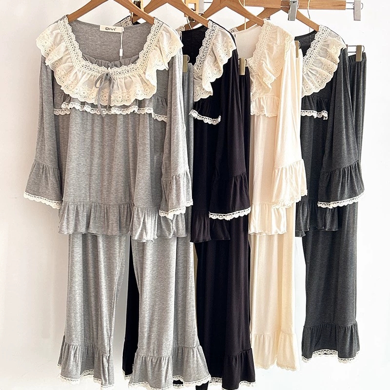 娣依DIYI2025秋冬薄款宽松大码韩式蕾丝花边宫廷风长袖长裤睡衣女