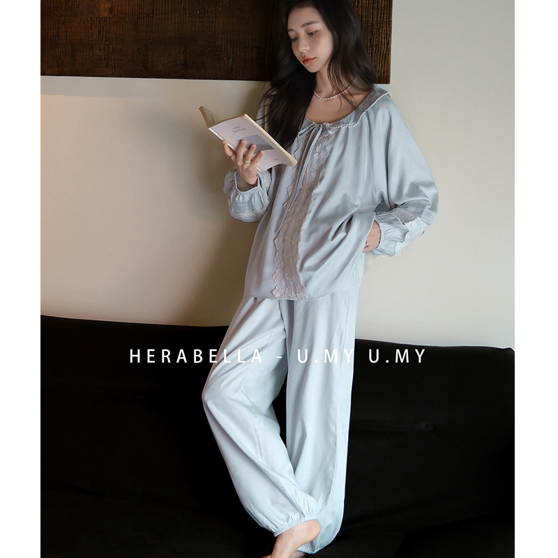 U.MY正品实体秋季新品韩式甜美宽松亲肤提花丝绵睡衣套装女长袖