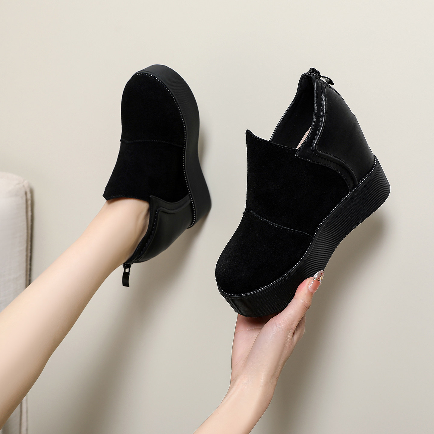 内增高乐福鞋真皮春秋爆款时尚软底超高跟小码单鞋女圆头深口皮鞋,女鞋,深口单鞋,淘宝优惠券,粉丝福利购,淘宝优惠卷