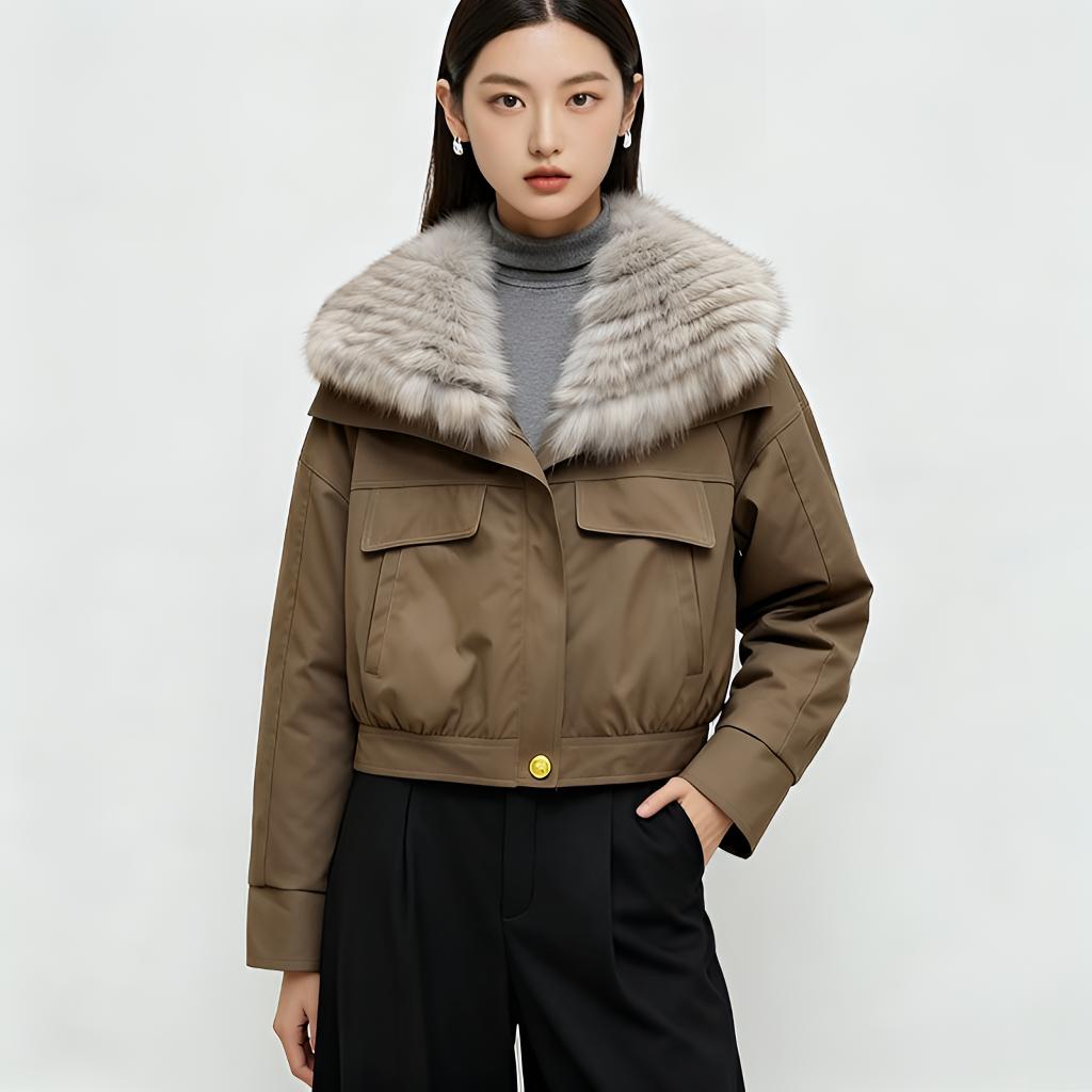 26新款短款羽绒派克服可拆卸狐狸毛皮毛领休闲轻奢气质翻领外套女