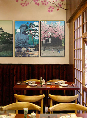 日本街道风景挂画日式料理店浮世绘富士山装饰画和风寿司店壁画