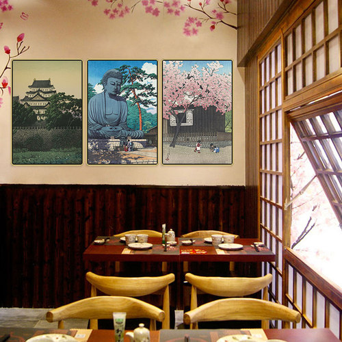日本街道风景挂画日式料理店浮世绘富士山装饰画和风寿司店壁画