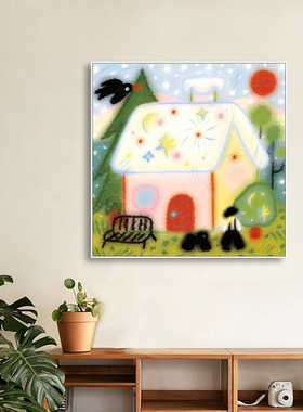 童话小屋手绘蜡笔风装饰画方形治愈系插画挂画儿童房墙面艺术壁画