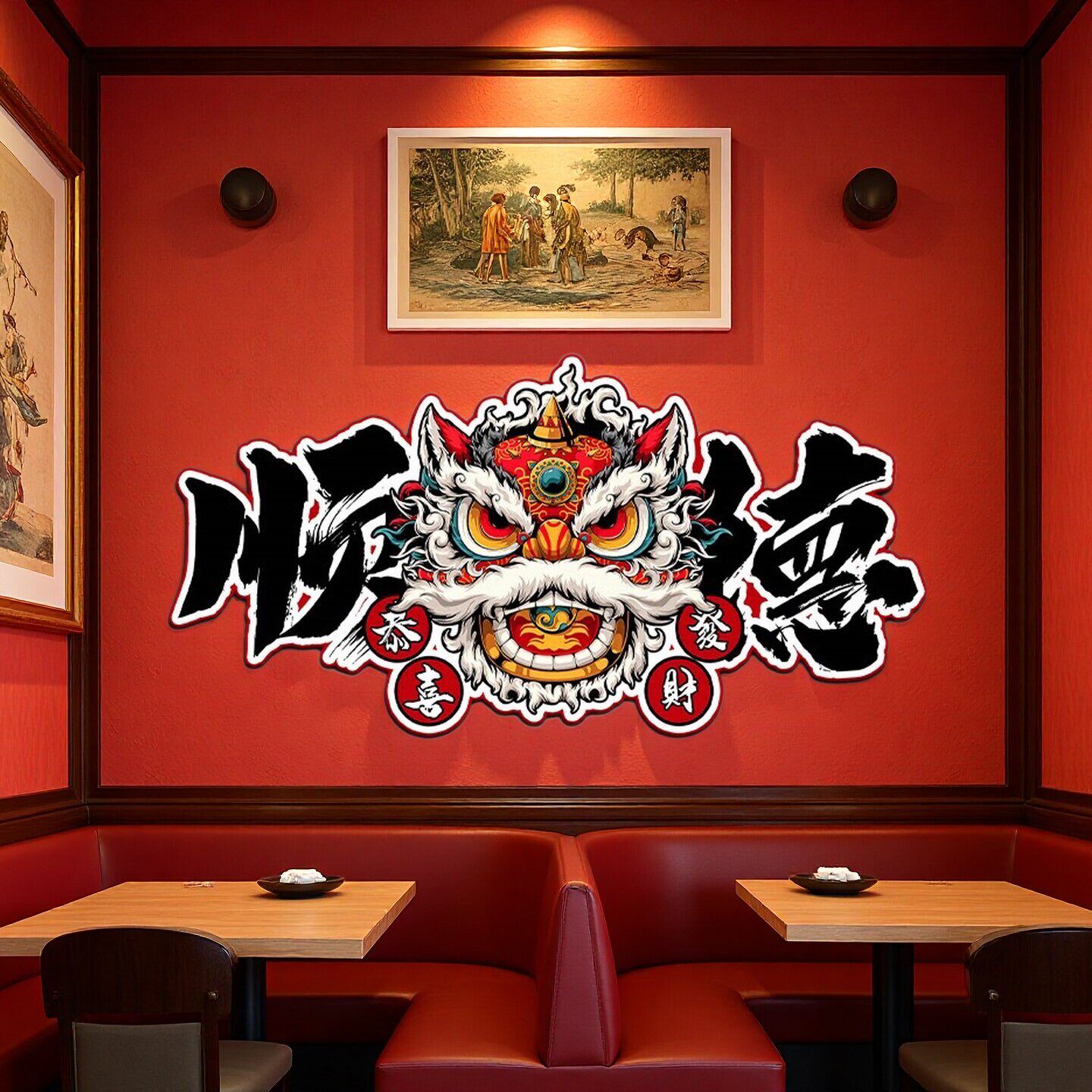 佛山顺德国潮文化标志醒狮装饰画香港广东茶餐厅饭店发光狮子壁画