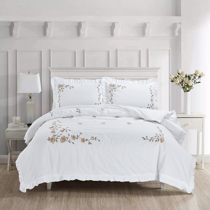 外贸全棉纯棉刺绣绣花白色韩版1.5m1.8m床上用品裙式被套四件套