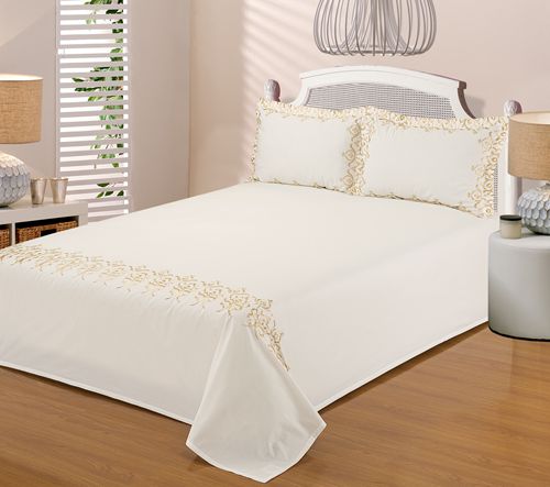 外贸米白色绣花刺绣欧美金色绣纯棉全棉床上用品枕套床单三件套