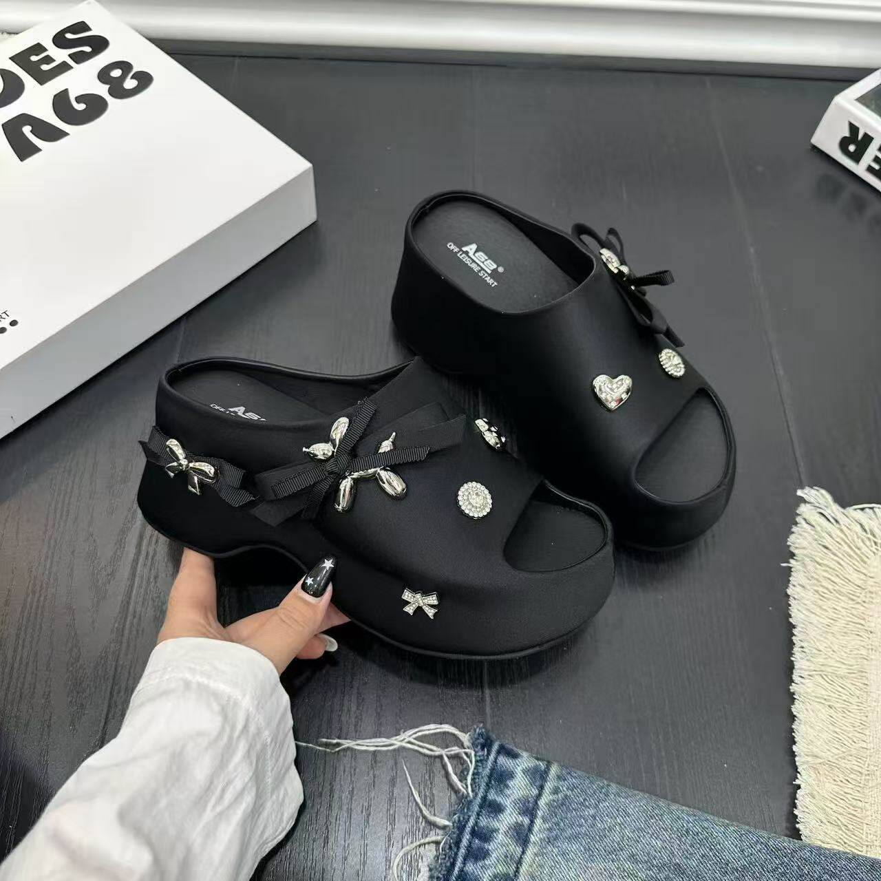 黑色蝴蝶结厚底一字拖女潮流露趾高跟夏外穿小个子增高时尚凉拖鞋