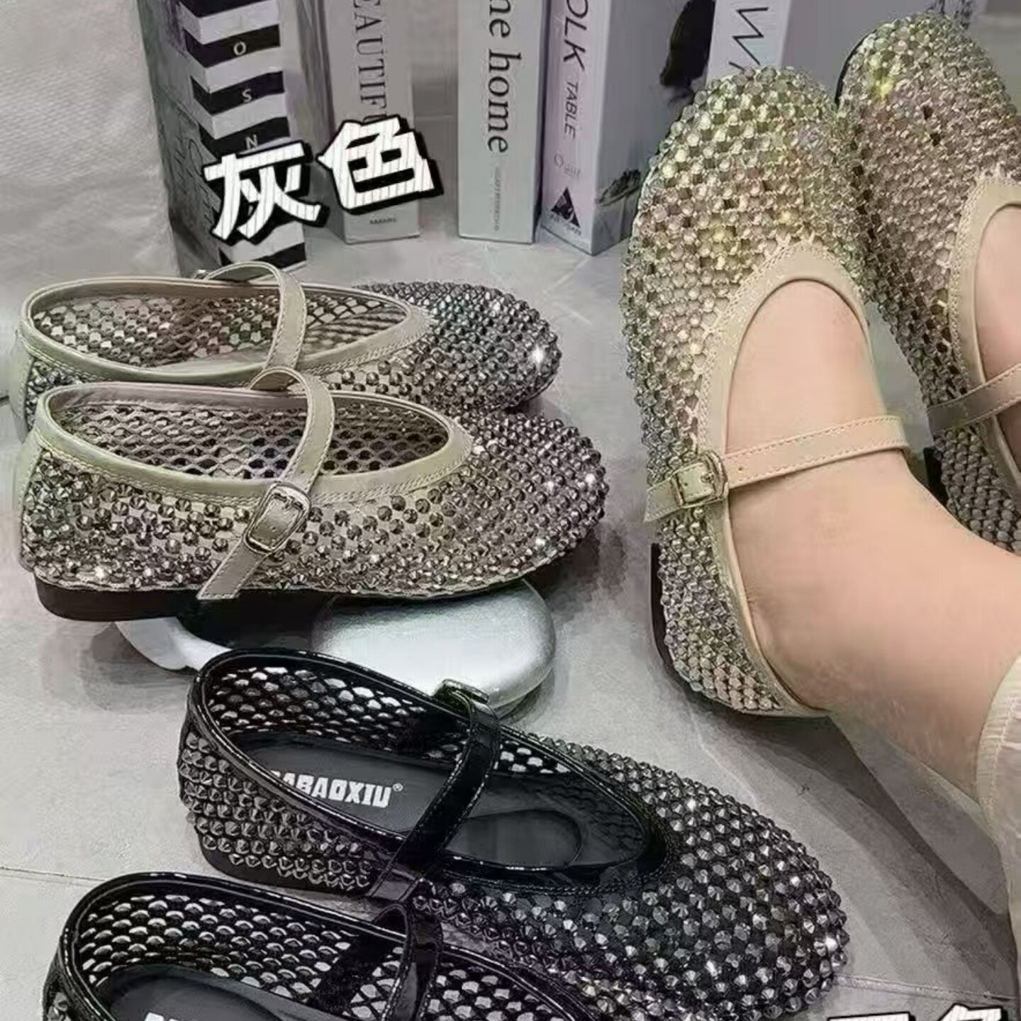 韩版水钻镂空玛丽珍鞋女2026夏渔网平底透气芭蕾风浅口瓢鞋文艺范