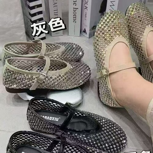 韩版水钻镂空玛丽珍鞋女2026夏渔网平底透气芭蕾风浅口瓢鞋文艺范