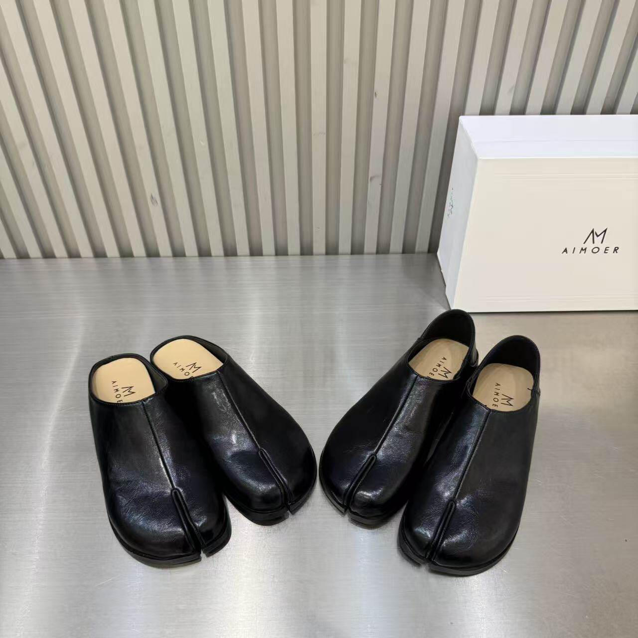 真皮分趾包头拖女平跟一脚蹬懒人鞋套脚牛皮日常黑色软皮休闲鞋