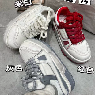 欧货胖丁厚底面包鞋女2026春款乌拉草鞋垫系带休闲小白鞋增高板鞋
