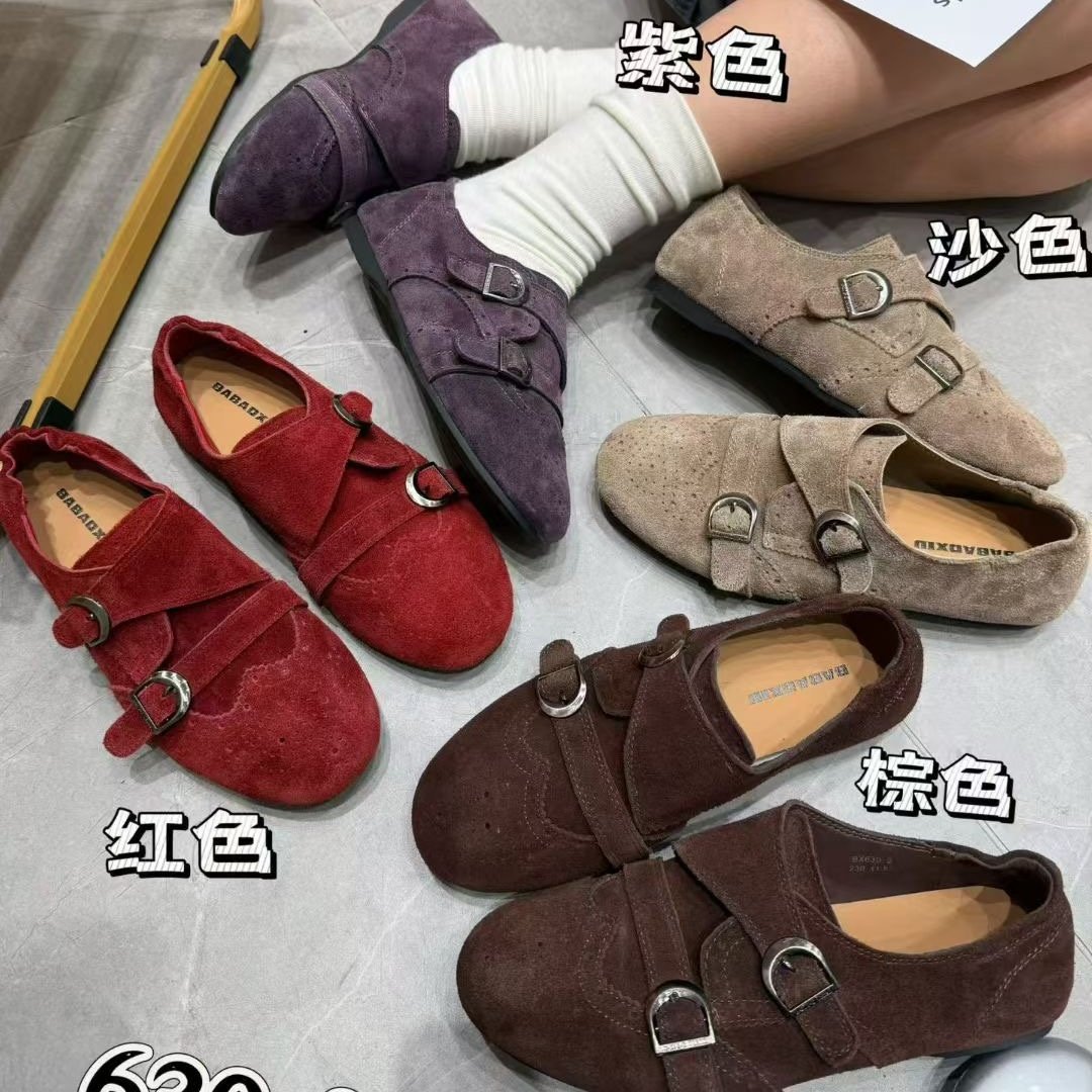 布洛克磨砂皮乐福鞋女2026春新年红平底双扣带休闲小皮鞋复古单鞋,女鞋,乐福鞋（豆豆鞋）,淘宝优惠券,粉丝福利购,淘宝优惠卷
