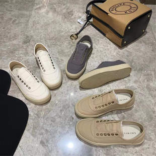 新款 洋气时尚 2024春季 女奶油小白鞋 韩国小众设计懒人一脚蹬帆布鞋