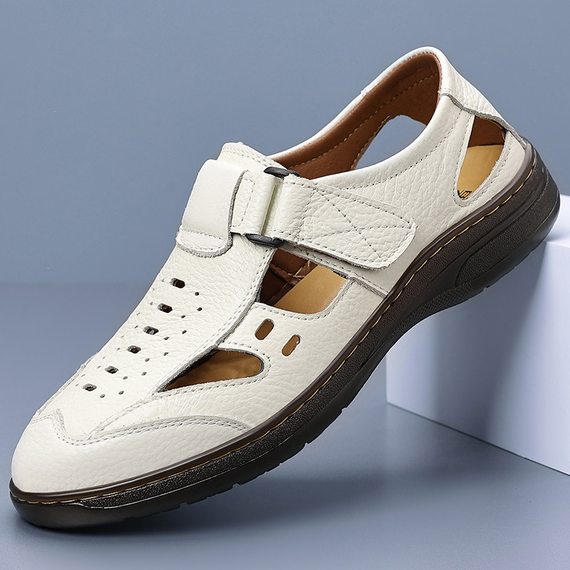 夏季2025新款头层牛皮凉鞋男真皮透气软底中老年爸爸防滑休闲沙滩,流行男鞋,洞洞鞋,淘宝优惠券,粉丝福利购,淘宝优惠卷
