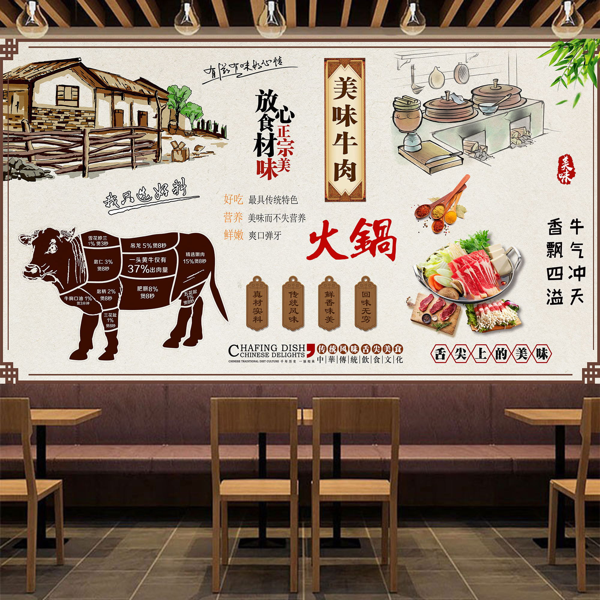 牛肉火锅墙纸潮汕餐厅怀旧墙布背景墙壁画来图订制火锅店装修壁纸