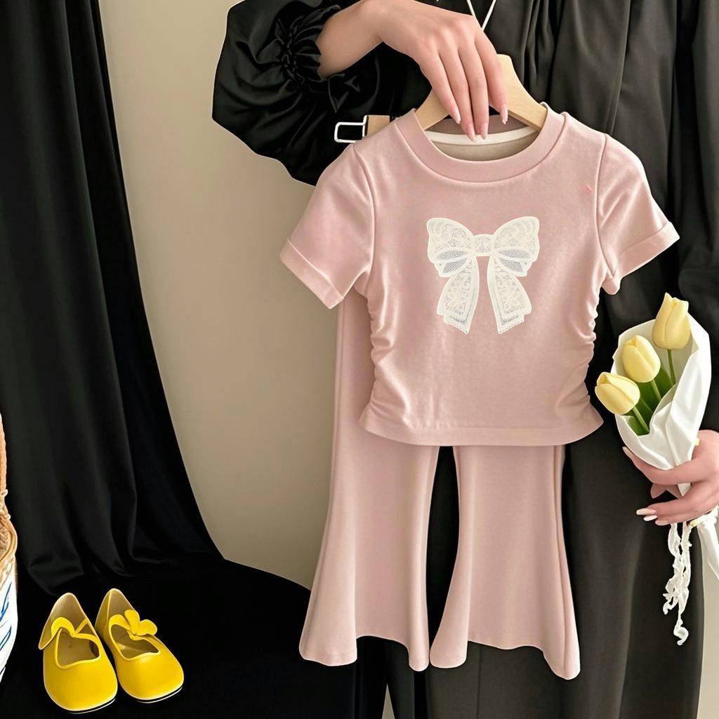 2025夏季新款儿童抽绳短袖套装洋气女宝休闲T恤女童喇叭裤两件套