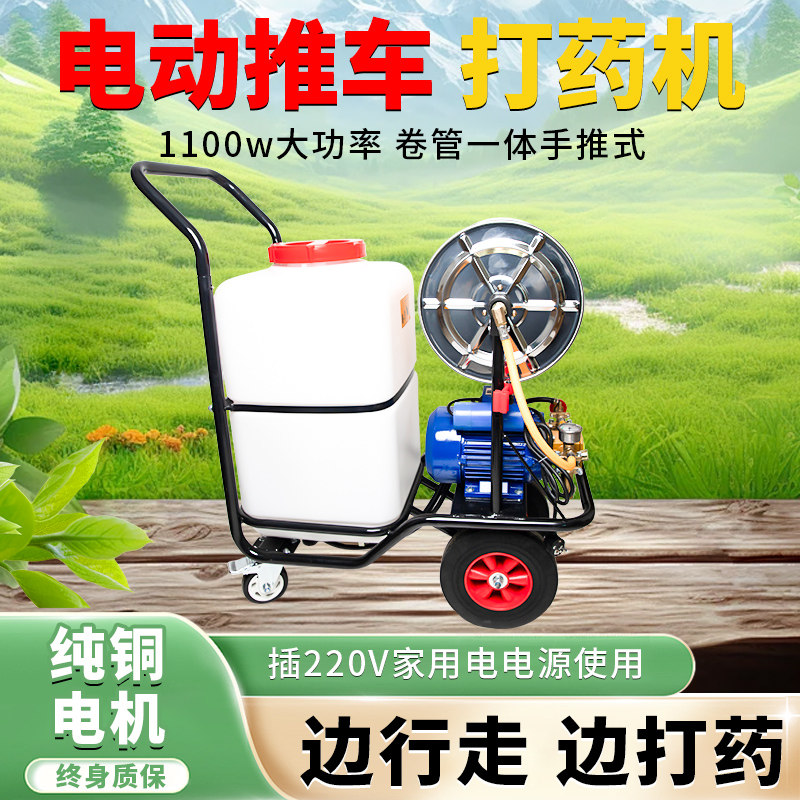 220v手推式打药机高压农用移动喷雾机消毒车汽油打药车推车式四缸
