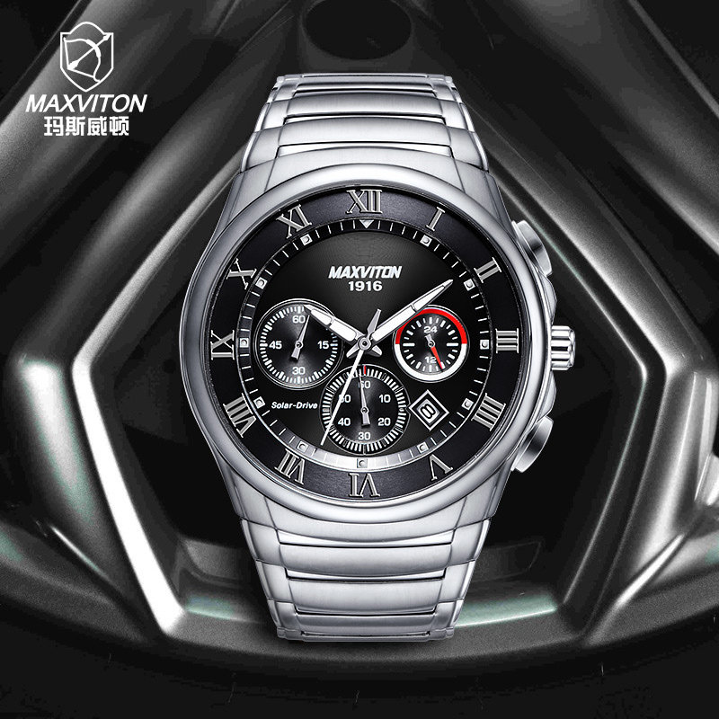 玛斯威顿太阳能手表男精钢防水商务休闲全自动机械式品牌男士手表