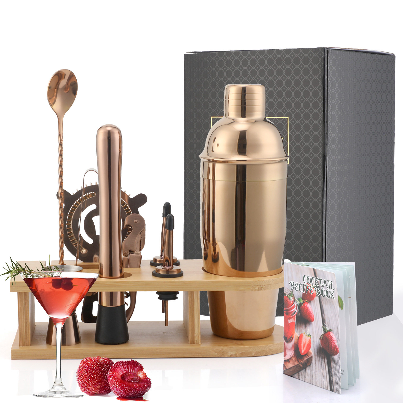 专业不锈钢调酒器套装鸡尾酒组合装雪克手摇壶酒吧调酒工具带竹架
