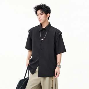男宽松凉感痞帅高级感解构情侣衬衣 衬衫 2026春夏新中式 风白色短袖