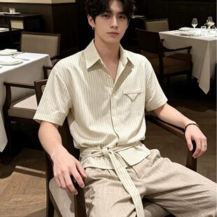 夏季轻熟风男女士条纹衬衫肌理感文艺韩范翻领上衣慵懒感简约短袖