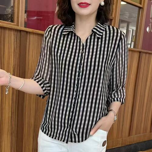 2025夏季新款时尚妈妈装雪纺衫宽松大码遮肚休闲格子衬衫减龄上衣