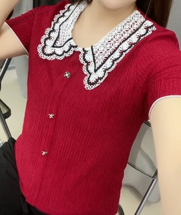 新款 打底衫 夏季 千丝皱娃娃领短袖 T恤上衣 女时尚 宽松遮肚弹力半袖