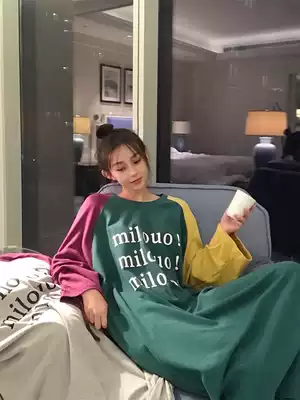 Long-sleeved night dress female cotton long version autumn and winter knee ins wind cute Japanese sweet loose fat mm pregnant women pajamas