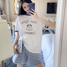 韩版睡衣女生夏季纯棉卡通可爱学生家居服短袖条纹短裤套装可外穿