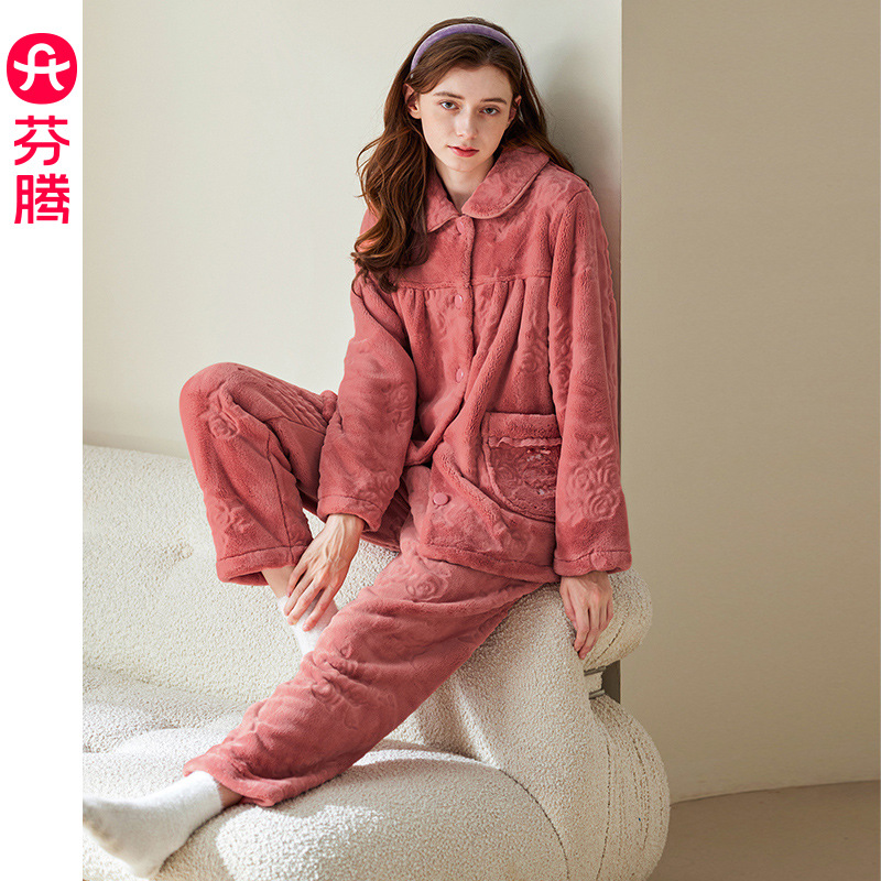 芬腾【密美绒】秋冬季睡衣女士加厚加绒加大码宽松女款家居服套装