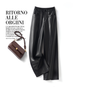 高腰显瘦休闲百搭阔腿皮裤 绵羊皮长裤 女2025秋冬新款 海宁真皮皮裤