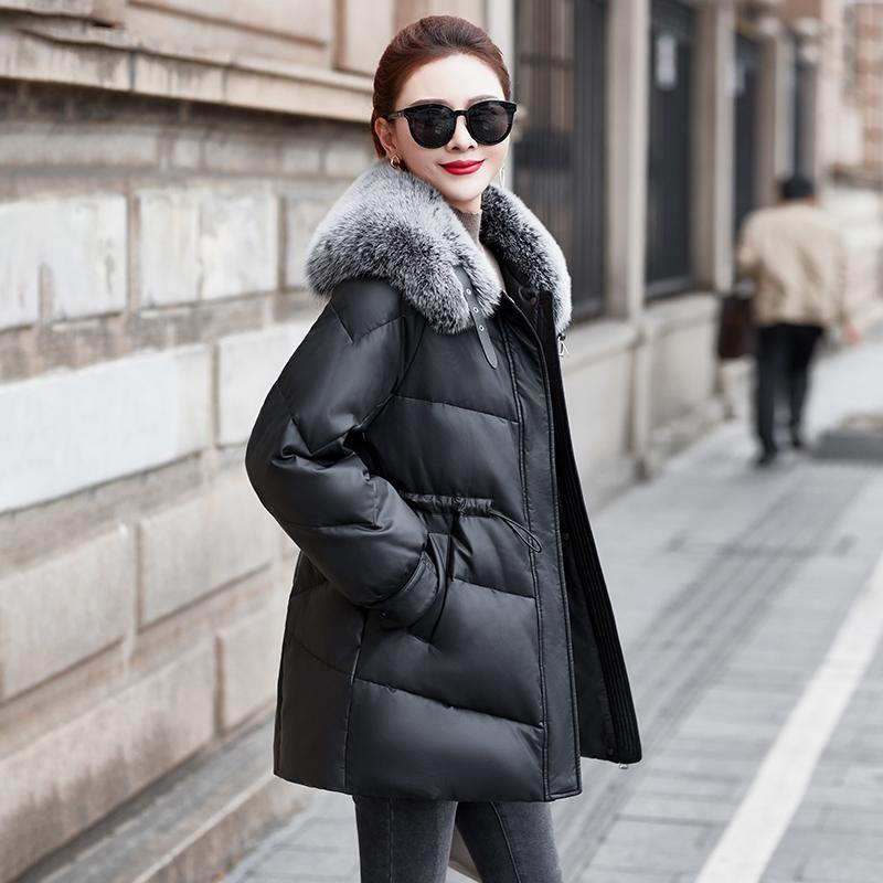 真皮羽绒服女中长款绵羊皮狐狸毛