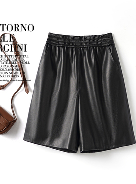 海宁真皮裤女短款2025秋冬新款绵羊皮五分裤高腰韩版松紧阔腿中裤