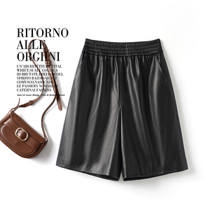 女短款 松紧阔腿中裤 2025秋冬新款 高腰韩版 绵羊皮五分裤 海宁真皮裤