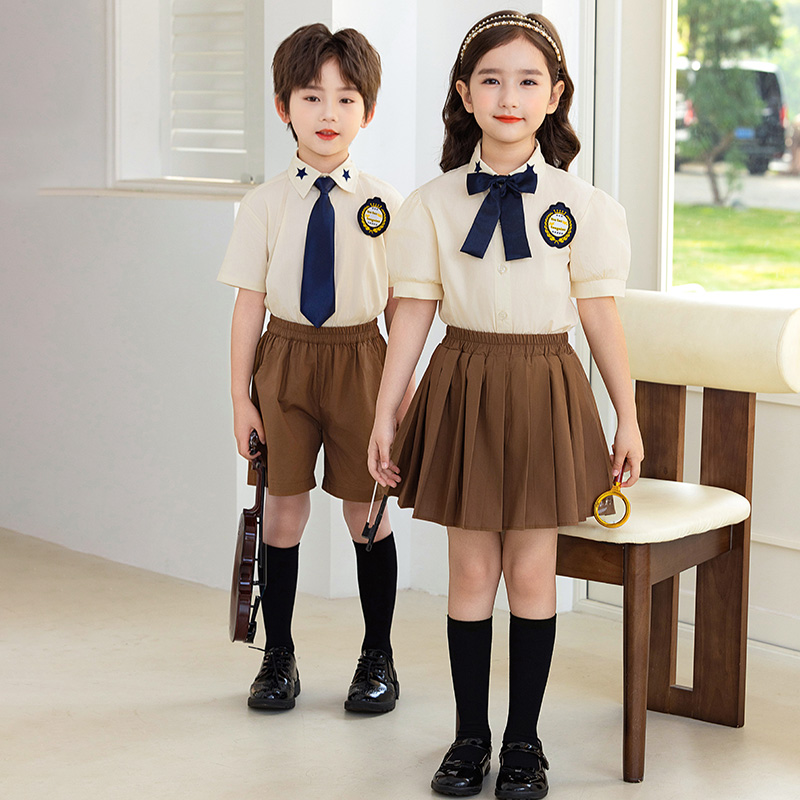 夏季幼儿园园服毕业服套装男女童合唱表演服英伦风短袖衬衫两件套