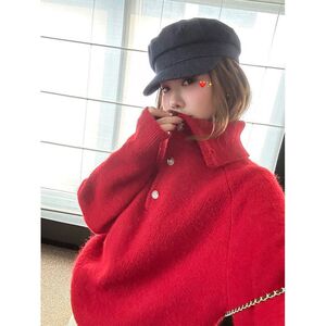 HEYGIRL黑哥酒心甜巧设计感套头纽扣针织毛衣女冬休闲上衣圣诞红