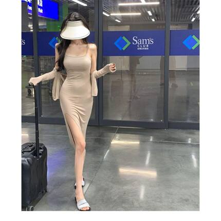 辣妹套装性感纯色长款开衫女纯欲修身包臀裙纯色圆领薄款外搭
