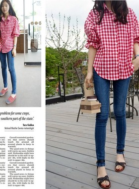 k792韩国女装代宽肩中袖朝阳格纯棉衬衫女上衣女衬衣春秋夏现货