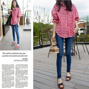 女上衣女衬衣春秋夏现货 朝阳格纯棉衬衫 k792韩国女装 代宽肩中袖